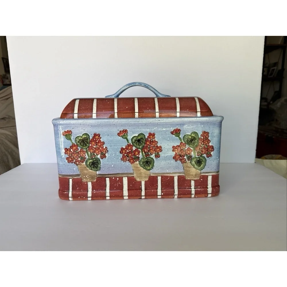 RARE‎ Dept 56 Ceramic Floral Lidded Bread Box/Planter/Decor Country Cottage Blue